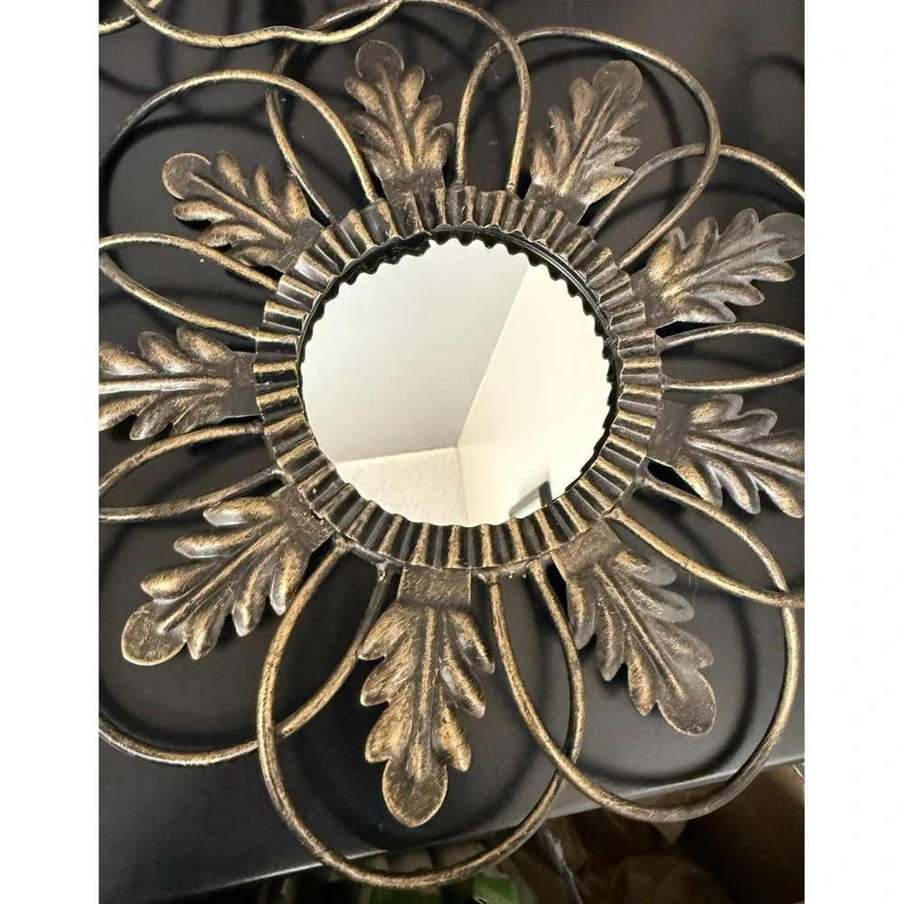 Lot of 3 Vintage Metal Flower Shaped Hanging Mirrors with Leaves Home Decor